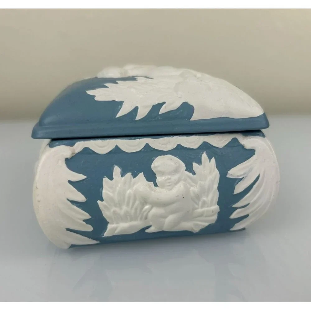 Vintage 1970s Hand Painted Ceramic Lidded Trinket Box Cherubs Angels Blue White